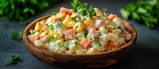 Poster - Traditional Russian Olivier salad featuring vegetables ham and mayonnaise selective focus image. with copy space image. Place for adding text or design