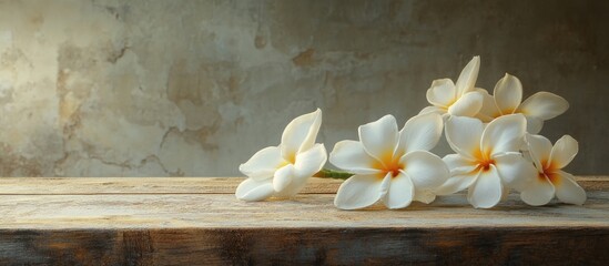 Poster - Plumeria flowers placed on the vintage style old table. with copy space image. Place for adding text or design