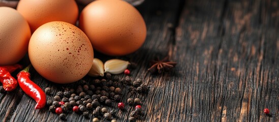 Leinwandbilder - Raw chicken eggs black pepper masala powder cloves allspice red chili pepper and black pepper on a dark wooden background Ingredients for preparing scrambled eggs or an omelet Organic food idea