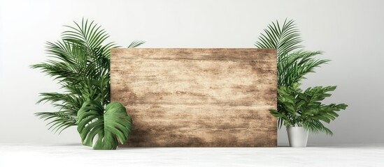 Poster - Blank sign for a message on a wooden panel with a green plant the image is set against a white background. with copy space image. Place for adding text or design