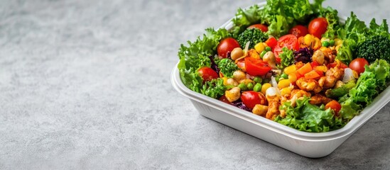 Poster - Lunch box filled with delicious food on a light background. with copy space image. Place for adding text or design