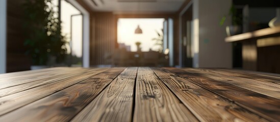 Aufkleber - Vacant wooden table in a room with a blurred interior Area for design. with copy space image. Place for adding text or design