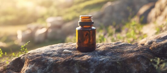 Poster - Essential oil bottle resting on a rock Small brown medicine bottle set against a natural backdrop Organic CBD hemp oil. with copy space image. Place for adding text or design