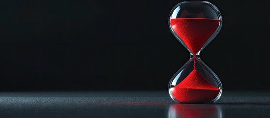 Poster - Hourglass with red sand flowing on a grey table Area for text. with copy space image. Place for adding text or design