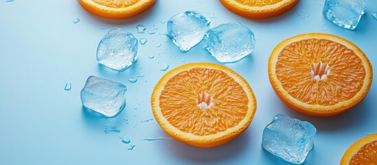 Leinwandbilder - Juicy orange slices and ice cubes on a light blue background flat lay Room for text. with copy space image. Place for adding text or design