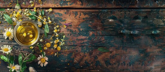 Fototapete - Herbal tea featuring pharmaceutical chamomile dry chrysanthemum and hunters on a wooden table Top view Copy space