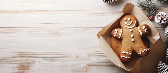 Poster - Beautiful Christmas arrangement and decoration featuring a baked gingerbread cookie in a paper bag on a light wooden background flat lay top view copyspace text space