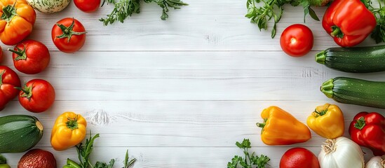 Fototapete - Different types of farming tomatoes peppers and zucchini on a white wooden surface Zero waste shopping Top view Copy space