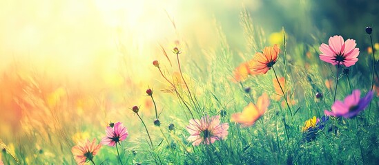 Aufkleber - Vibrant Cosmos flowers in a grassy field with copy space Warm vintage tones