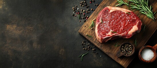 Poster - Raw beef steak Fresh marbled Ribeye steak with rosemary salt and pepper on a wooden cutting board against a dark concrete background Raw beef steak and cooking spices Mock up. with copy space image