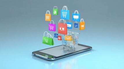 Poster - 3D online shopping concept: smartphone with icons for shopping bag, delivery, and chat, perfect for social media promotions