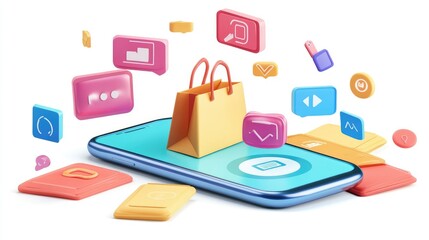 Aufkleber - 3D smartphone with shopping bag, chat messages, and delivery icons for online shopping concept. Ideal for digital store promotions