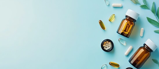 Aufkleber - Bottles and vitamin capsules on a light blue backdrop top view Room for text. with copy space image. Place for adding text or design