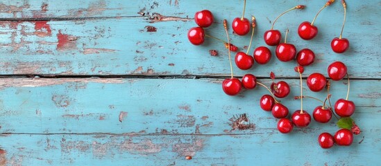Fototapete - sour cherry fruits on a weathered blue wooden table background. with copy space image. Place for adding text or design