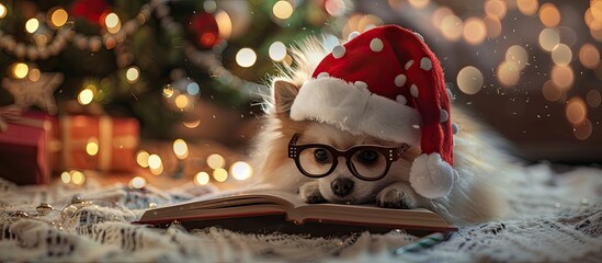 Aufkleber - A Spitz dog wearing a Santa Claus cap and glasses is resting on a book with a Christmas tree and lights in the background. with copy space image. Place for adding text or design