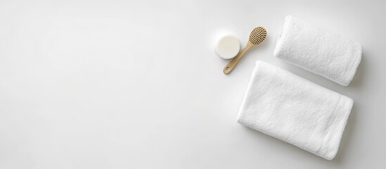 Poster - Glove case cream and bath soap on a white background Hammam and spa theme Top view flat lay copyspace