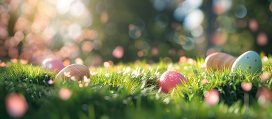 Leinwandbilder - Easter eggs on the grass with a selective focus on the chicken eggs. with copy space image. Place for adding text or design