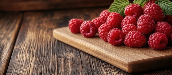 Poster - A heap of fresh juicy raspberries on a wooden board copy space