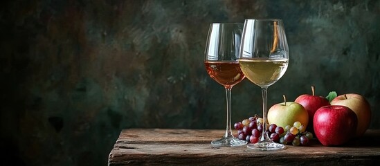 Aufkleber - glasses of wine and apples grapes on a weathered wooden table. with copy space image. place for addi