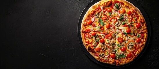 Fototapete - Top view of pizza on a black background featuring ingredients Italian cuisine Ready to eat Restaurant food menu recipe cafe concept Lifestyle with copyspace