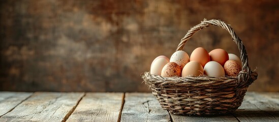 Fototapete - basket of eggs on an aged wooden surface. with copy space image. Place for adding text or design