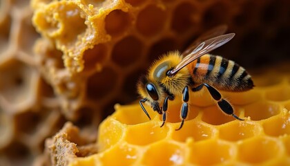 Wall Mural -  Beekeepers delight  A honey bee on a honeycomb