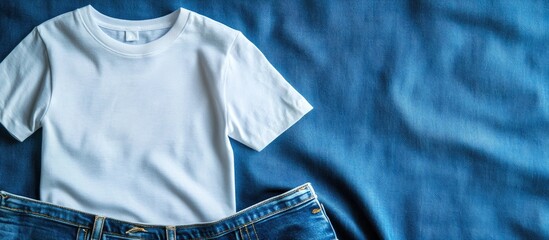 Poster - White t shirt mockup from above with a blue denim background and copy space for clothing