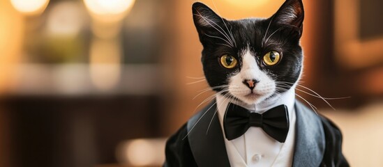 Poster - Adorable Tuxedo Cat With a Comical Expression. with copy space image. Place for adding text or design