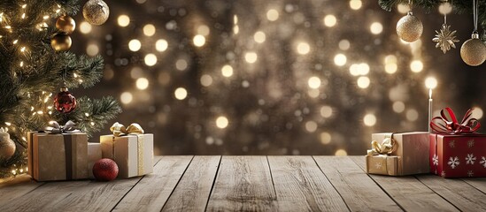 Aufkleber - Christmas backdrop featuring decorations and gift boxes arranged on a wooden table. with copy space image. Place for adding text or design