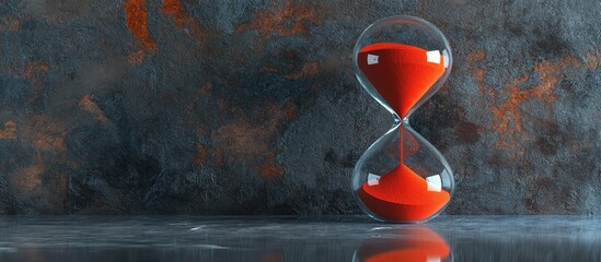 Poster - Hourglass with red sand flowing on a grey table Area for text. with copy space image. Place for adding text or design
