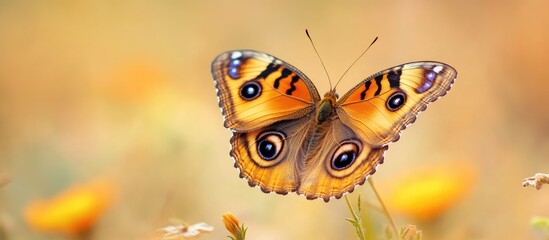 Poster - Close up view of a lepidoptera butterfly resting in its natural environment Yellow pansy junonia iphita butterfly Natural backdrop copyspace