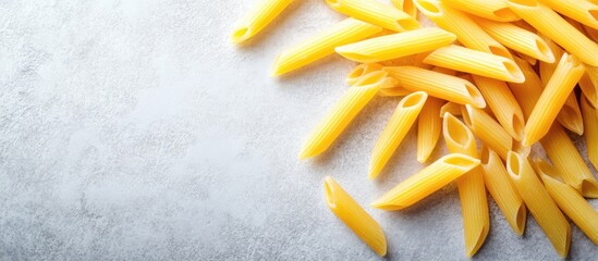 Fototapete - Raw uncooked penne pasta on a white stone background with copy space for text