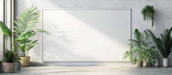 Poster - Whiteboard for mockup on a bare wall in a room with potted plants beside it. with copy space image. Place for adding text or design