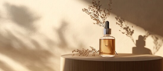 Poster - A glass cosmetic bottle with a dropper is positioned next to a dried flower on a beige background in bright sunlight resting on a wooden podium This represents the idea of natural cosmetics and ess