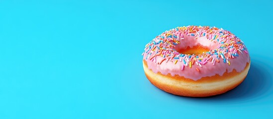Poster - tempting fresh doughnut on a blue background. with copy space image. Place for adding text or design