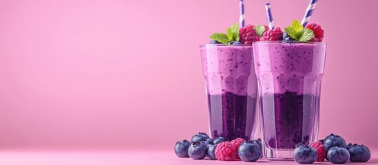 Aufkleber - Glasses of fresh blueberry smoothie garnished with mint and berries on a pink background. with copy space image. Place for adding text or design