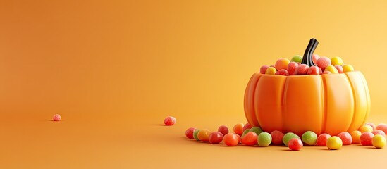 Poster - Halloween Jelly Beans Happy Halloween Party Border on a Beige Background Aesthetic Accessories Banner Spooky Orange Pumpkin Candy Bucket Contemporary Holiday Design Trendy Fall Thanksgiving Poster