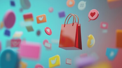 Poster - Smartphone with 3D icons: shopping bag, like, delivery, and chat messages for social media shopping app concept