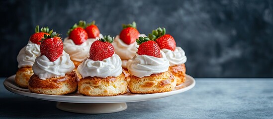 Aufkleber - Profiteroles or cream puffs are cakes filled with whipped cream and strawberries arranged on a platter. with copy space image. Place for adding text or design