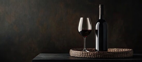 Poster - Holder with a wine bottle and glass set against a dark background. with copy space image. Place for adding text or design