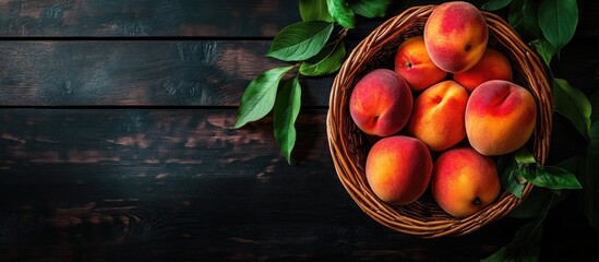 Aufkleber - Fresh peaches in a basket on a dark wooden rustic background top view Summer fruit harvest Still life A collection of ripe peaches Flat lay vegan food Copy space