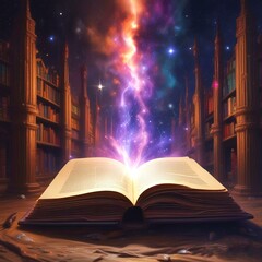 Illustration of open pages in magic book with sparks and glowing spell.