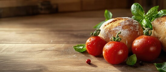 Fototapete - Cherry tomatoes accompanied by fresh basil and a bread bun on a wooden table. with copy space image. Place for adding text or design