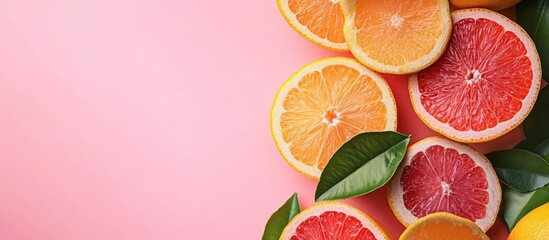 Fototapete - Citrus fruit halves on a pink backdrop Fruit intended for juice. with copy space image. Place for adding text or design