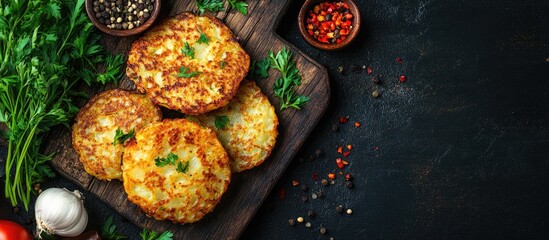 Leinwandbilder - Hash brown draniki potato pancakes vegetable fritters second course healthy fresh vegetarian food meal diet snack on the table copyspace food background rustic top view