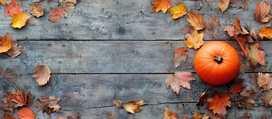 Poster - Autumn leaves and a pumpkin on a weathered wooden surface with copyspace