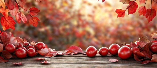 Aufkleber - Red fruit and leaf backdrop hawthorn and fallen foliage. with copy space image. Place for adding text or design