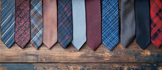 A collection of trendy men s accessories men s fashion featuring various neckties on a rustic wood backdrop The idea of a Father s Day greeting card with copyspace for text