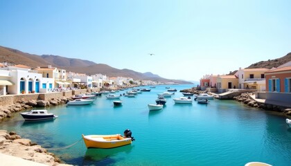  Idyllic harbor scene with vibrant blue water and docked boats