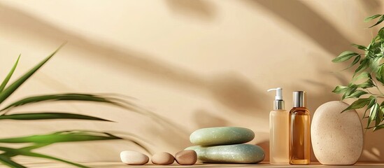 Poster - Various massage rollers and Gua Sha stone tools with natural serums and creams on a beige background Natural holistic beauty concept Copyspace